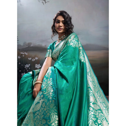 Women's Silk Blend Printed Saree With Unstitched Blouse 5.5m (Teal Green)