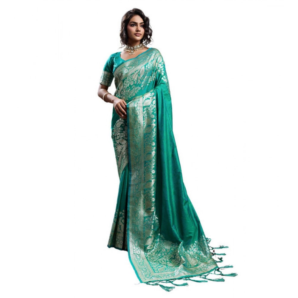 Women's Silk Blend Printed Saree With Unstitched Blouse 5.5 Mtr (Teal Green)