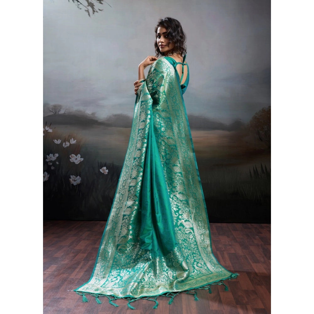 Women's Silk Blend Printed Saree With Unstitched Blouse 5.5 Mtr (Teal Green)
