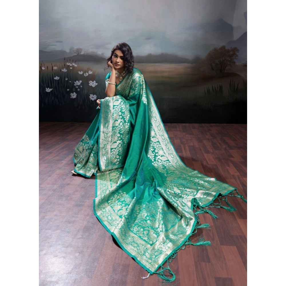 Women's Silk Blend Printed Saree With Unstitched Blouse 5.5 Mtr (Teal Green)