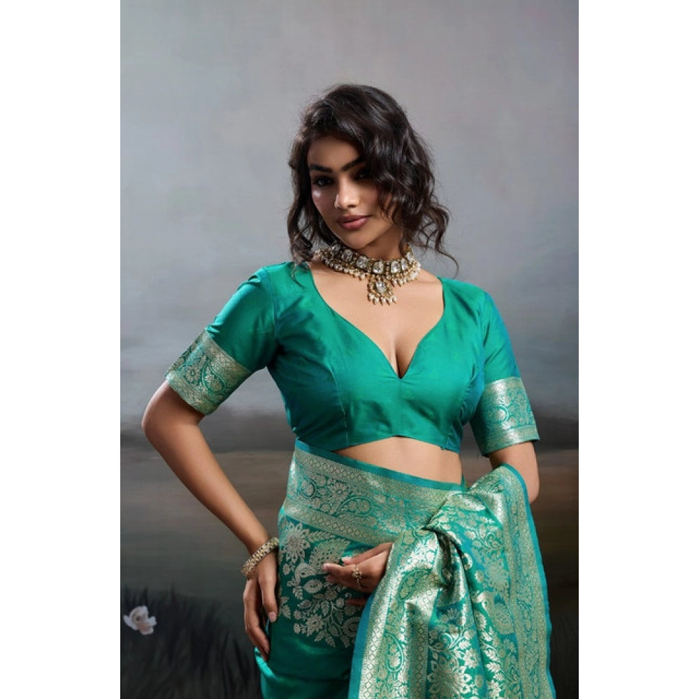 Women's Silk Blend Printed Saree With Unstitched Blouse 5.5 Mtr (Teal Green)