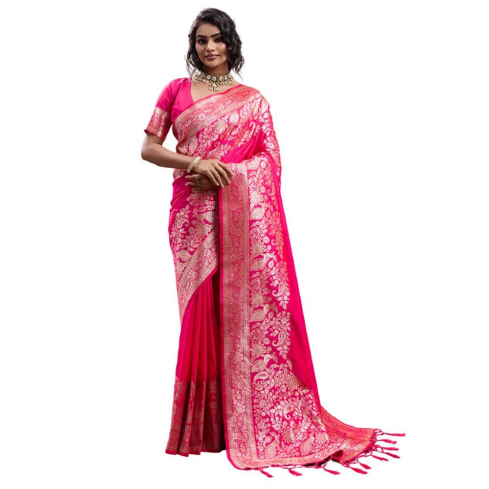 Women's Silk Blend Printed Saree With Unstitched Blouse 5.5 Mtr (Pink)