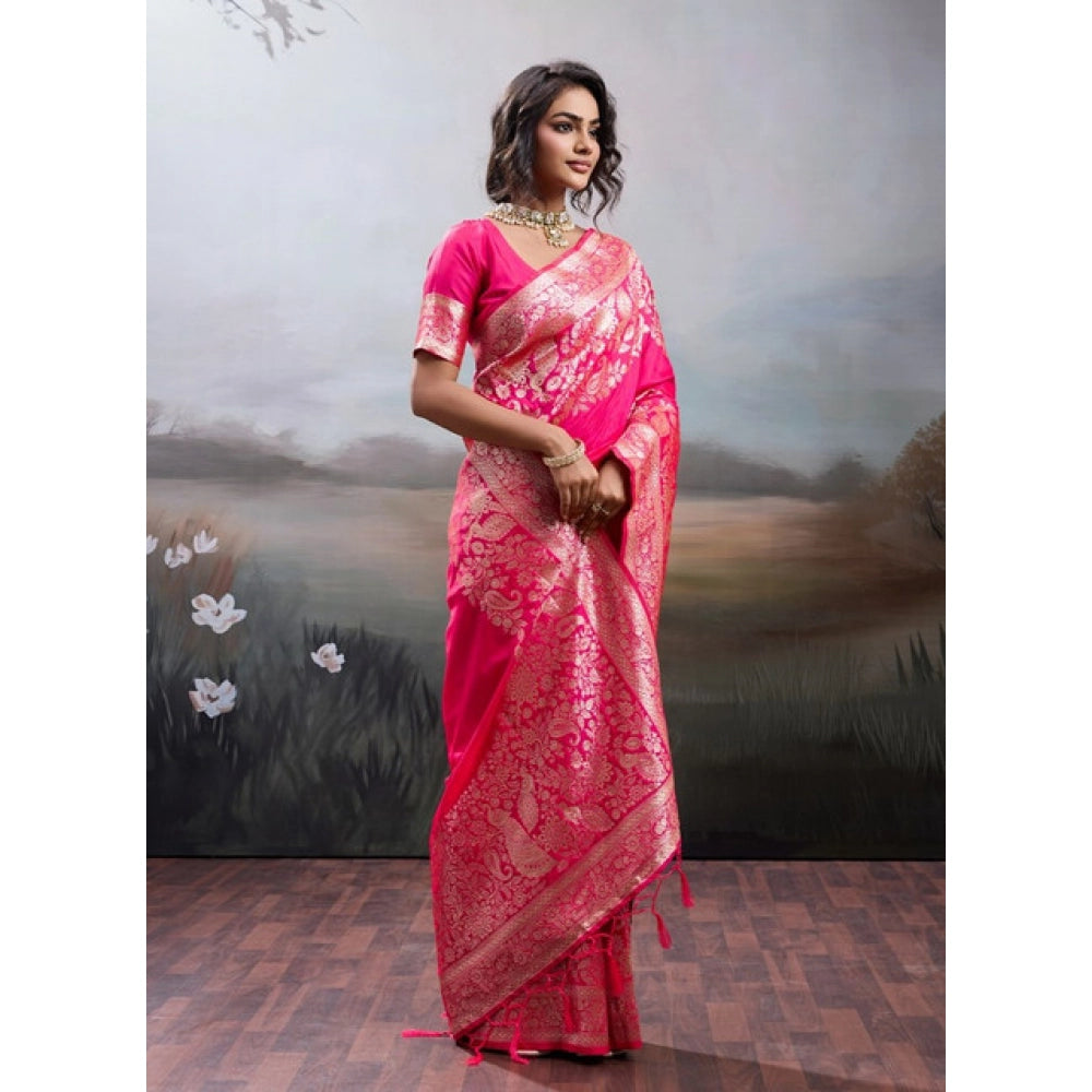 Women's Silk Blend Printed Saree With Unstitched Blouse 5.5 Mtr (Pink)