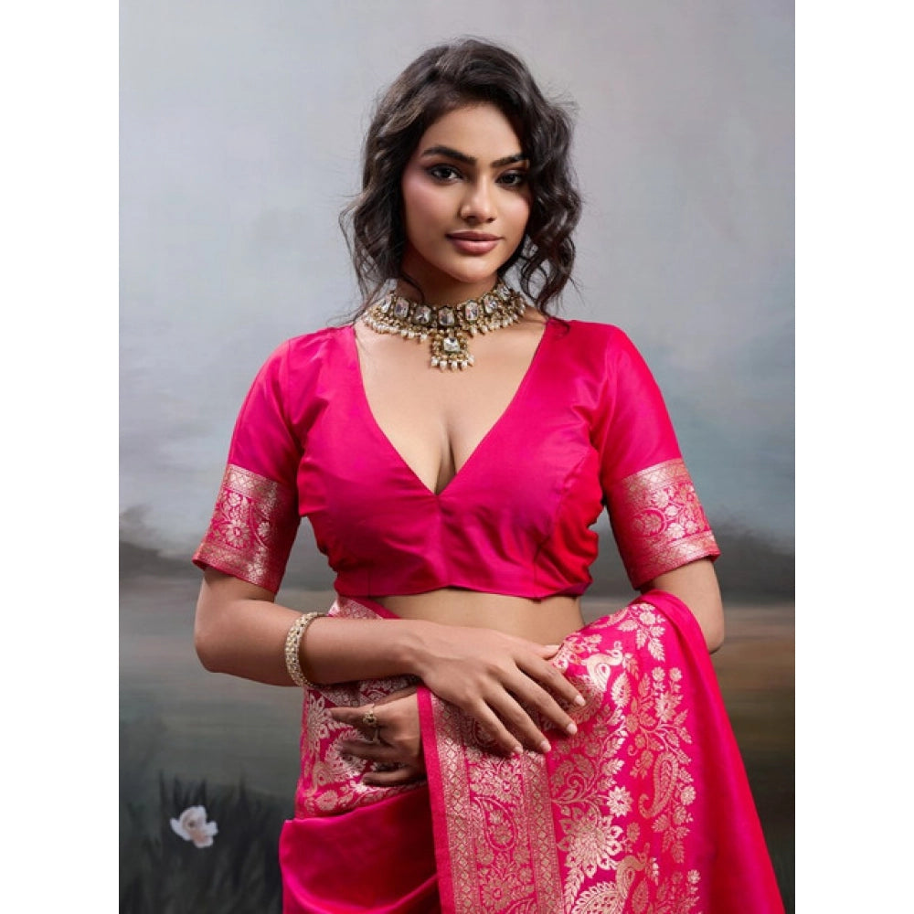 Women's Silk Blend Printed Saree With Unstitched Blouse 5.5 Mtr (Pink)