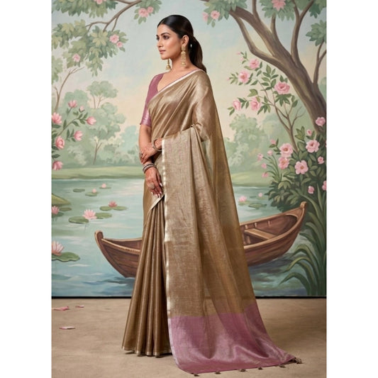 Women's Tissue Silk Solid Saree With Unstitched Blouse 5.5m (Brown)