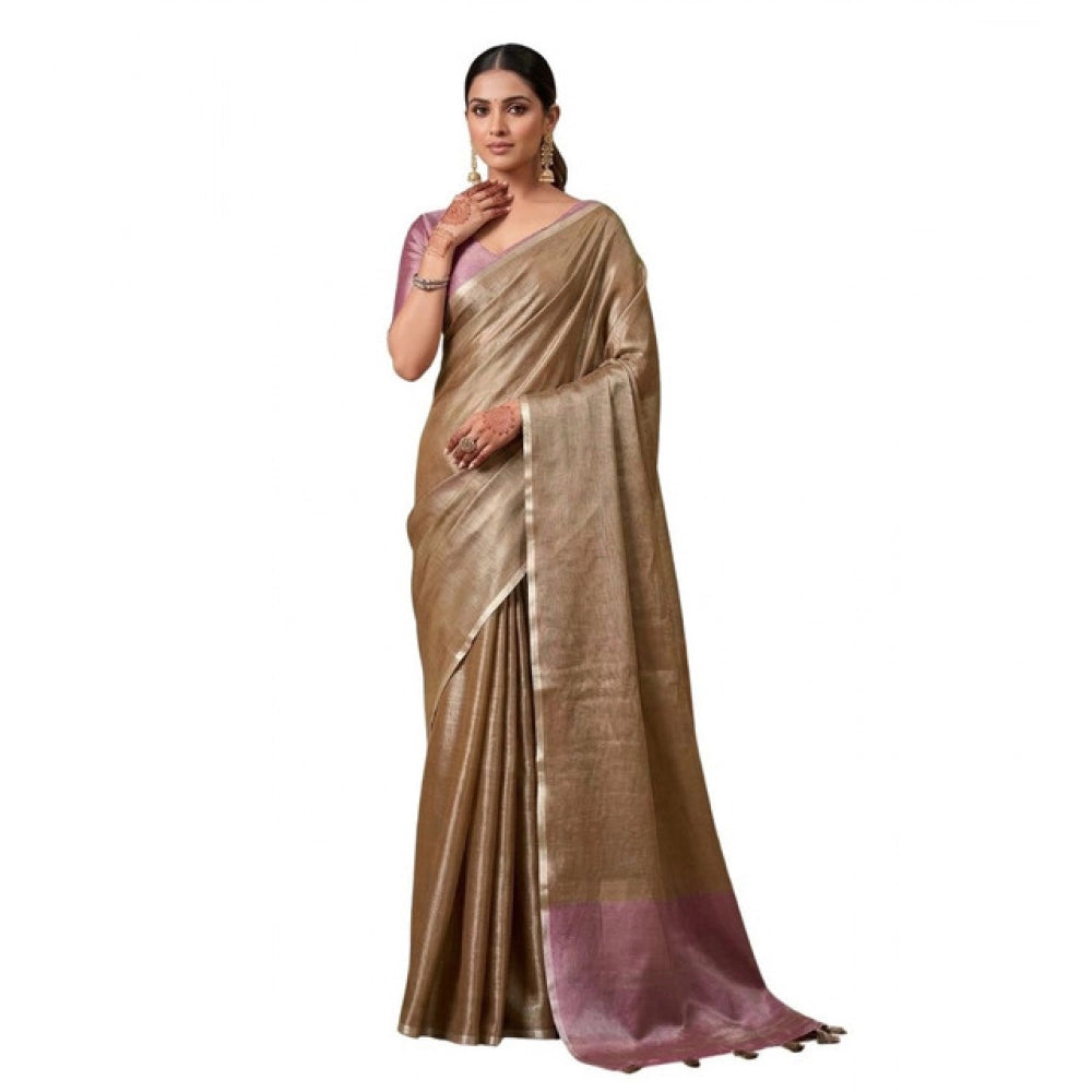Women's Tissue Silk Solid Saree With Unstitched Blouse 5.5 Mtr (Brown)