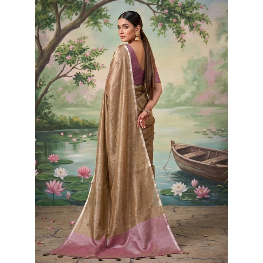 Women's Tissue Silk Solid Saree With Unstitched Blouse 5.5 Mtr (Brown)