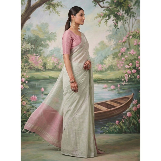 Women's Tissue Silk Solid Saree With Unstitched Blouse 5.5m (Silver)