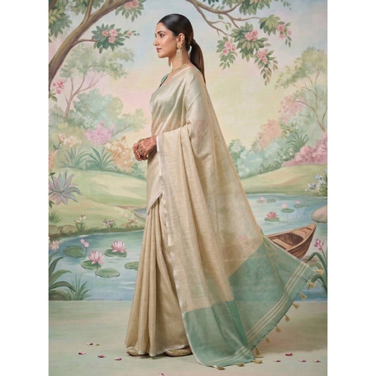 Women's Tissue Silk Solid Saree With Unstitched Blouse 5.5m (Beige)