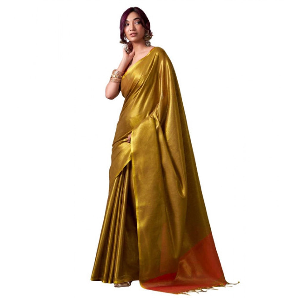Women's Tissue Silk Solid Saree With Unstitched Blouse 5.5 Mtr (Mustard)
