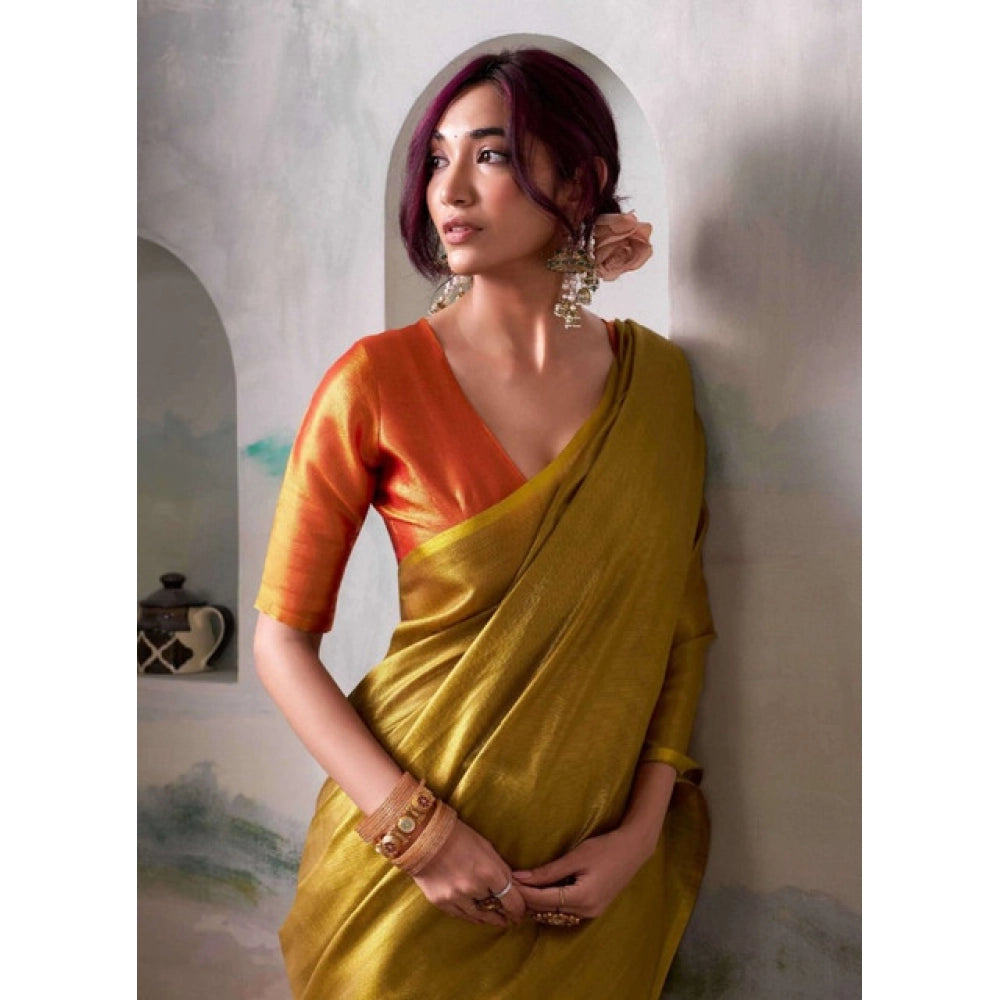 Women's Tissue Silk Solid Saree With Unstitched Blouse 5.5 Mtr (Mustard)