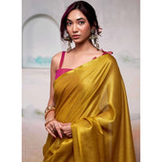 Women's Tissue Silk Solid Saree With Unstitched Blouse 5.5Mtr (Yellow) - POPNOVA saree