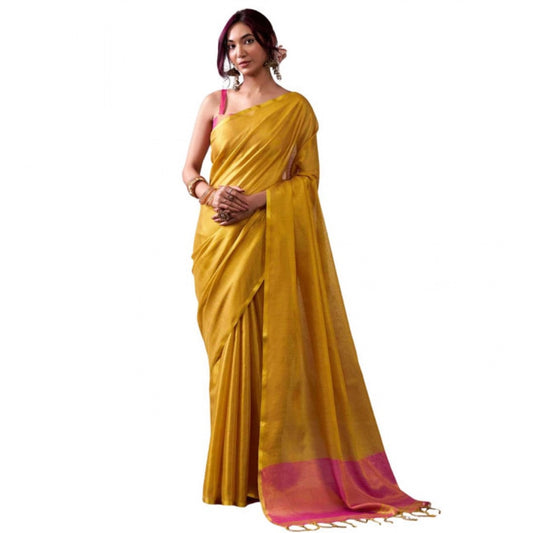 Women's Tissue Silk Solid Saree With Unstitched Blouse 5.5m (Yellow)