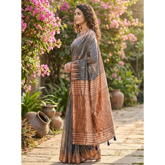 Women's Linen Cotton Printed Saree With Unstitched Blouse 5.5m (Grey)