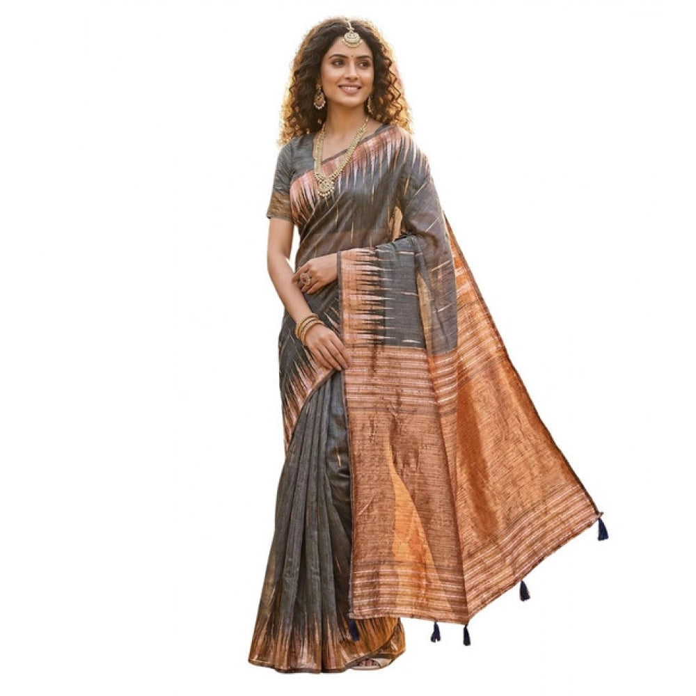Women's Linen Cotton Printed Saree With Unstitched Blouse 5.5 Mtr (Grey)