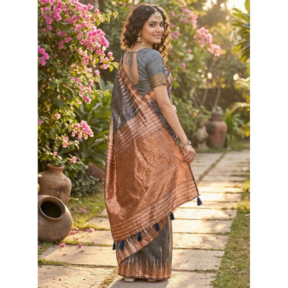 Women's Linen Cotton Printed Saree With Unstitched Blouse 5.5 Mtr (Grey)