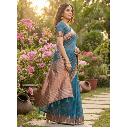 Women's Linen Cotton Printed Saree With Unstitched Blouse 5.5m (Blue)