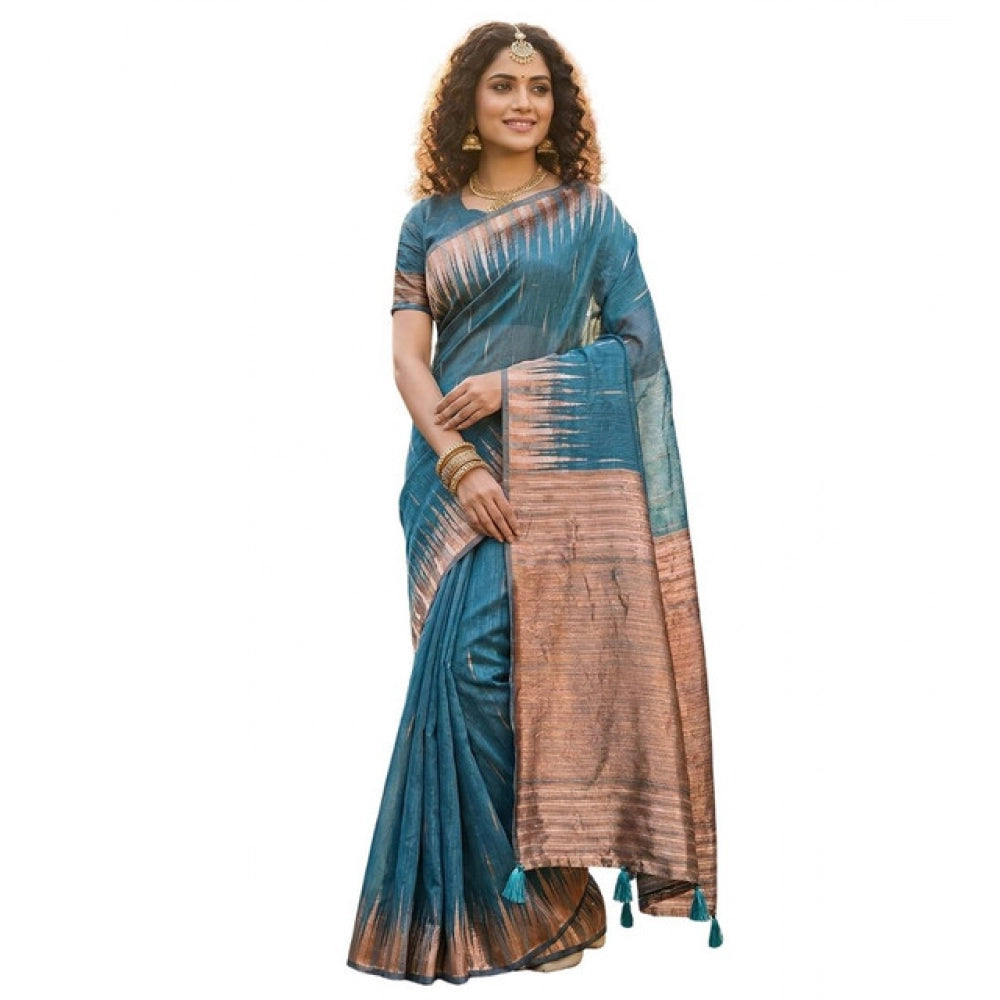 Women's Linen Cotton Printed Saree With Unstitched Blouse 5.5 Mtr (Blue)