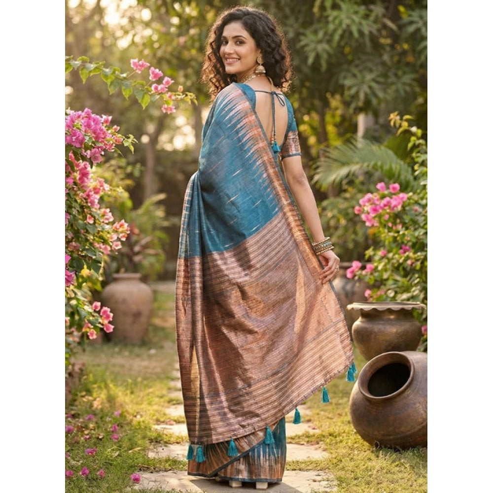Women's Linen Cotton Printed Saree With Unstitched Blouse 5.5 Mtr (Blue)