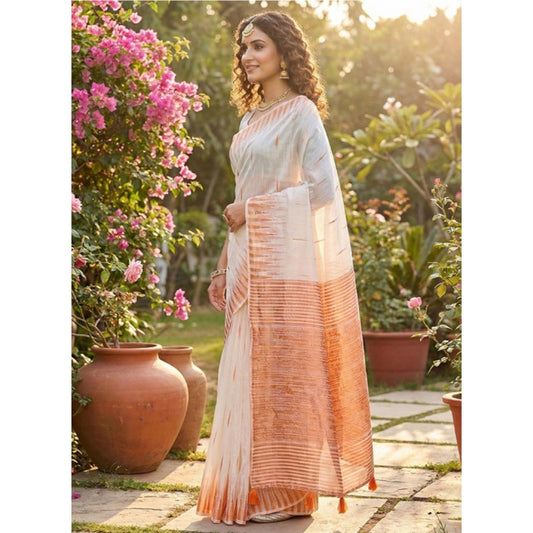 Women's Linen Cotton Printed Saree With Unstitched Blouse 5.5m (White)