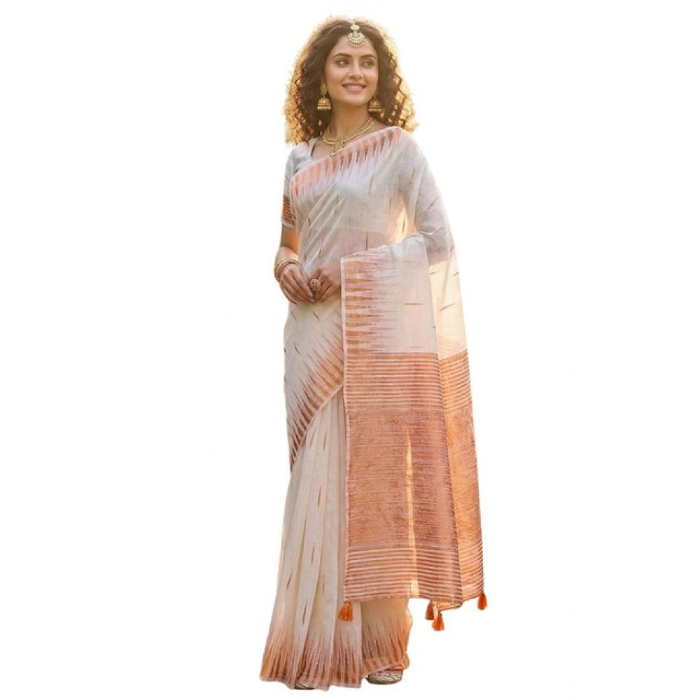 Women's Linen Cotton Printed Saree With Unstitched Blouse 5.5 Mtr (White)