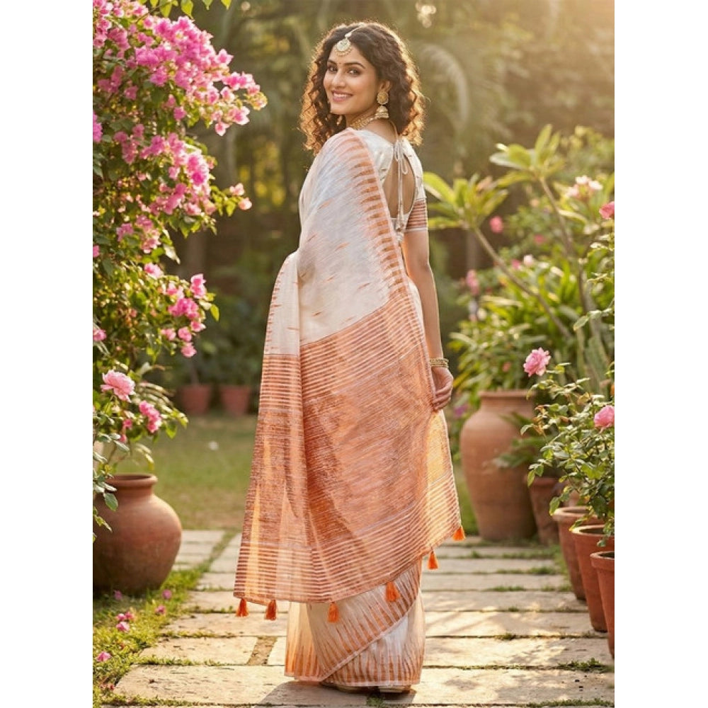 Women's Linen Cotton Printed Saree With Unstitched Blouse 5.5 Mtr (White)