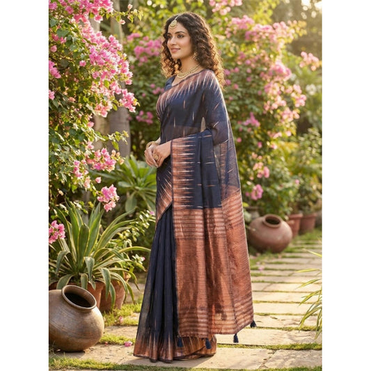 Women's Linen Cotton Printed Saree With Unstitched Blouse 5.5m (Navy Blue)