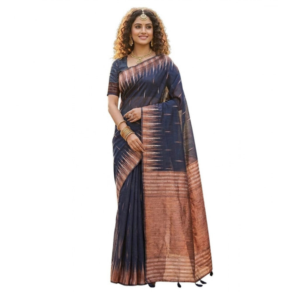 Women's Linen Cotton Printed Saree With Unstitched Blouse 5.5 Mtr (Navy Blue)
