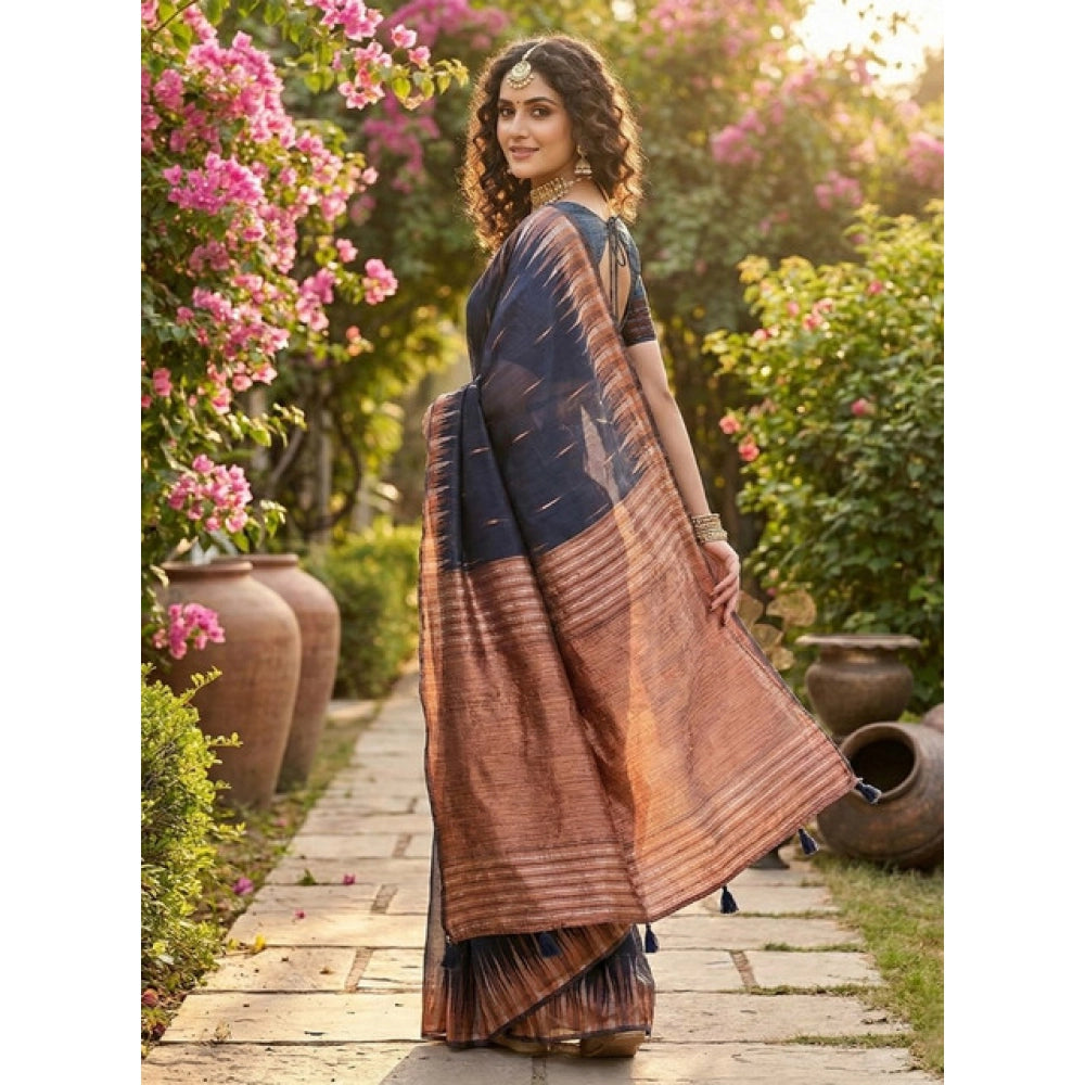Women's Linen Cotton Printed Saree With Unstitched Blouse 5.5 Mtr (Navy Blue)