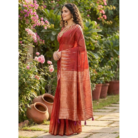 Women's Linen Cotton Printed Saree With Unstitched Blouse 5.5m (Red)