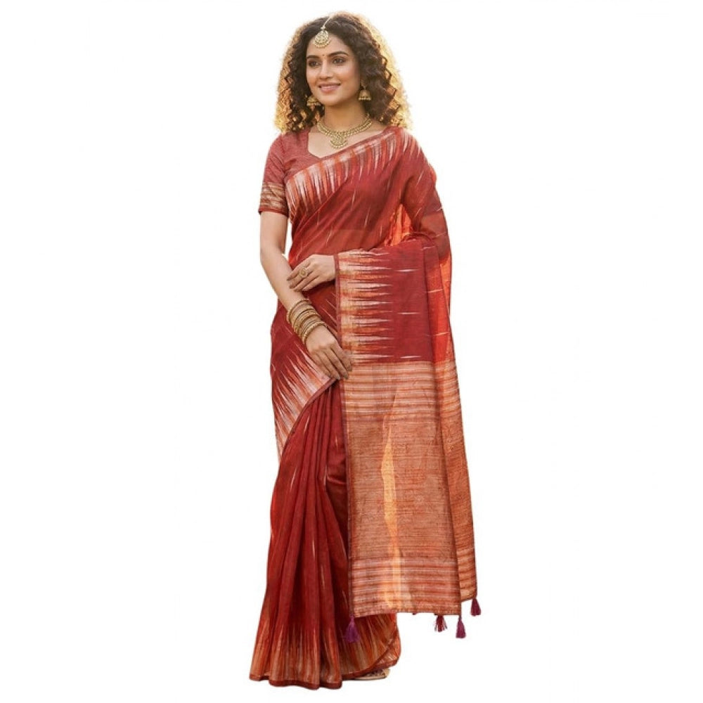 Women's Linen Cotton Printed Saree With Unstitched Blouse 5.5 Mtr (Red)