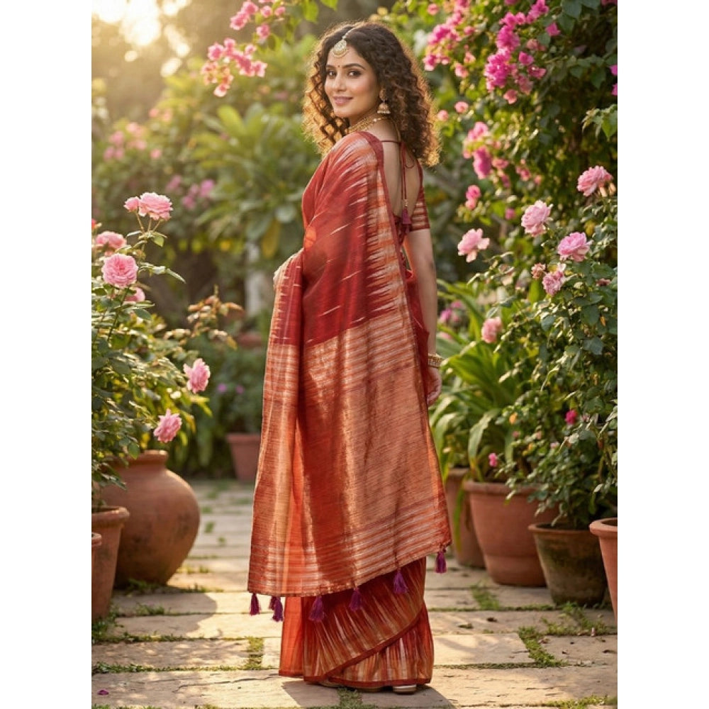 Women's Linen Cotton Printed Saree With Unstitched Blouse 5.5 Mtr (Red)