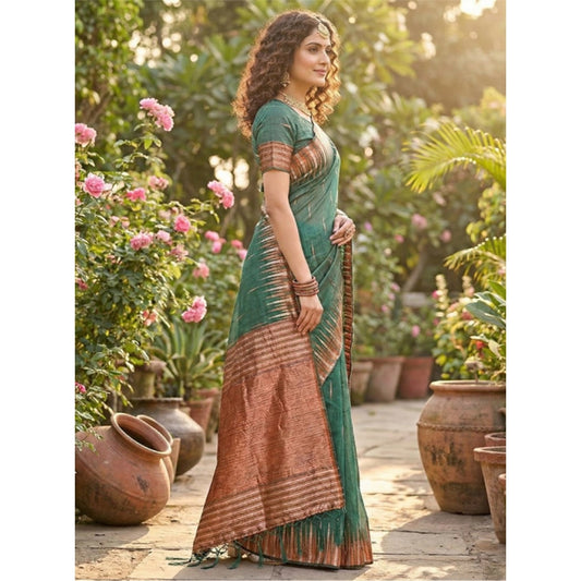 Women's Linen Cotton Printed Saree With Unstitched Blouse 5.5m (Green)