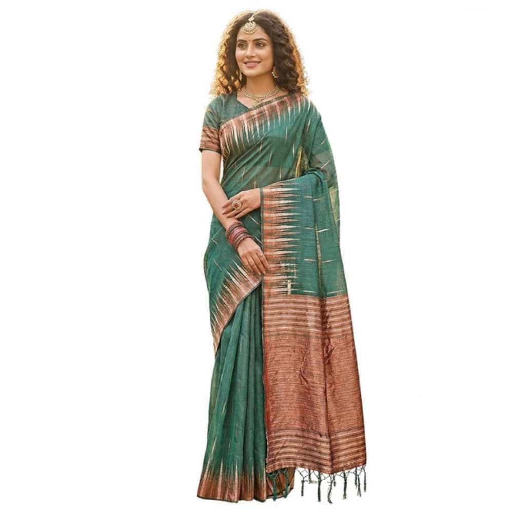 Women's Linen Cotton Printed Saree With Unstitched Blouse 5.5 Mtr (Green)