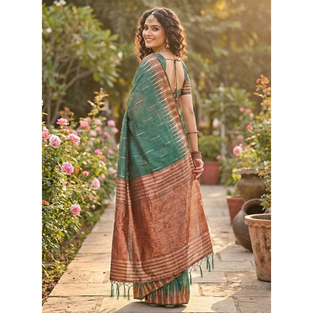 Women's Linen Cotton Printed Saree With Unstitched Blouse 5.5 Mtr (Green)