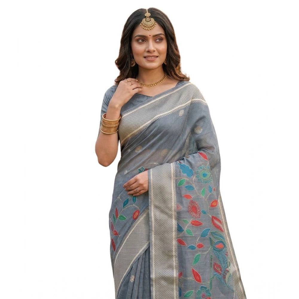 Women's Linen Cotton Floral Embroidered Saree With Unstitched Blouse 5.5 Mtr (Gray)