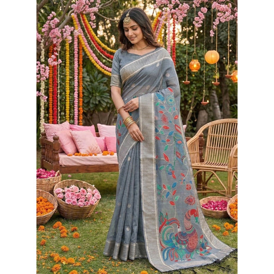 Women's Linen Cotton Floral Embroidered Saree With Unstitched Blouse 5.5m (Gray)