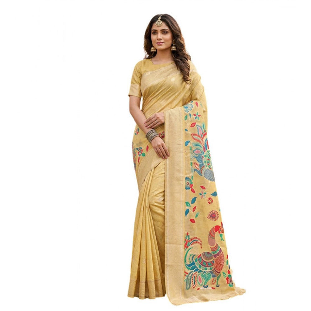 Women's Linen Cotton Floral Embroidered Saree With Unstitched Blouse 5.5 Mtr (Yellow)