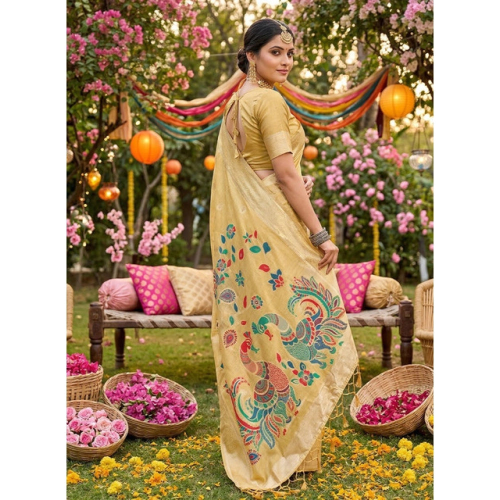 Women's Linen Cotton Floral Embroidered Saree With Unstitched Blouse 5.5 Mtr (Yellow)