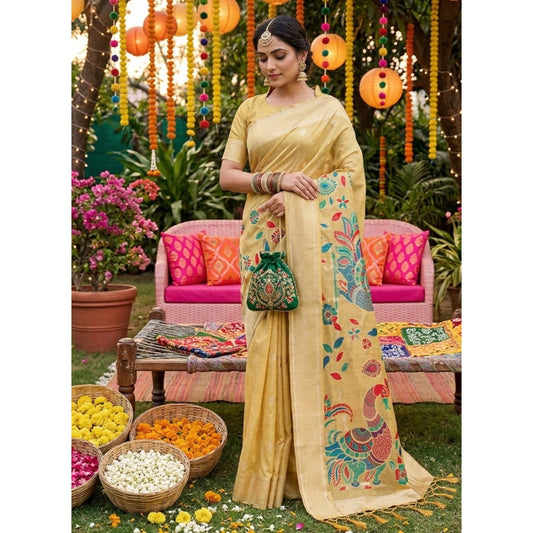 Women's Linen Cotton Floral Embroidered Saree With Unstitched Blouse 5.5m (Yellow)