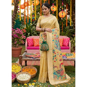 Women's Linen Cotton Floral Embroidered Saree With Unstitched Blouse 5.5 Mtr (Yellow)