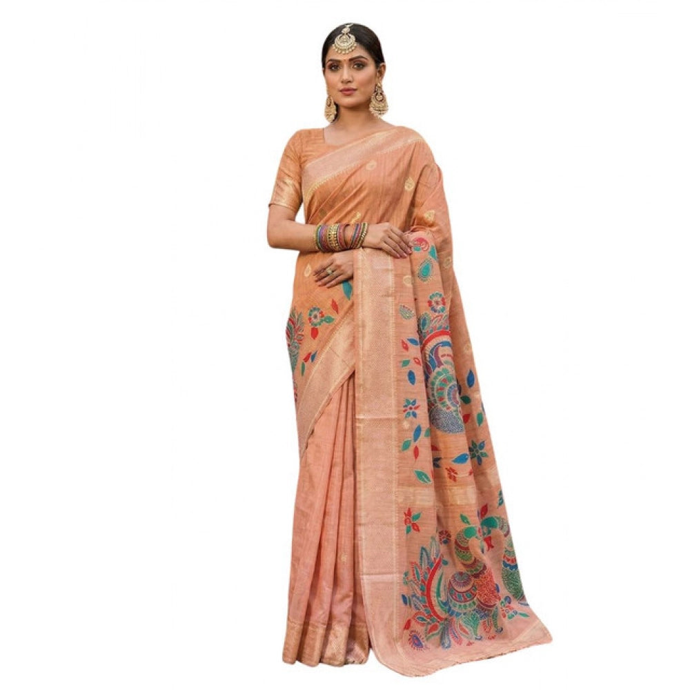 Women's Linen Cotton Floral Embroidered Saree With Unstitched Blouse 5.5 Mtr (Peach)