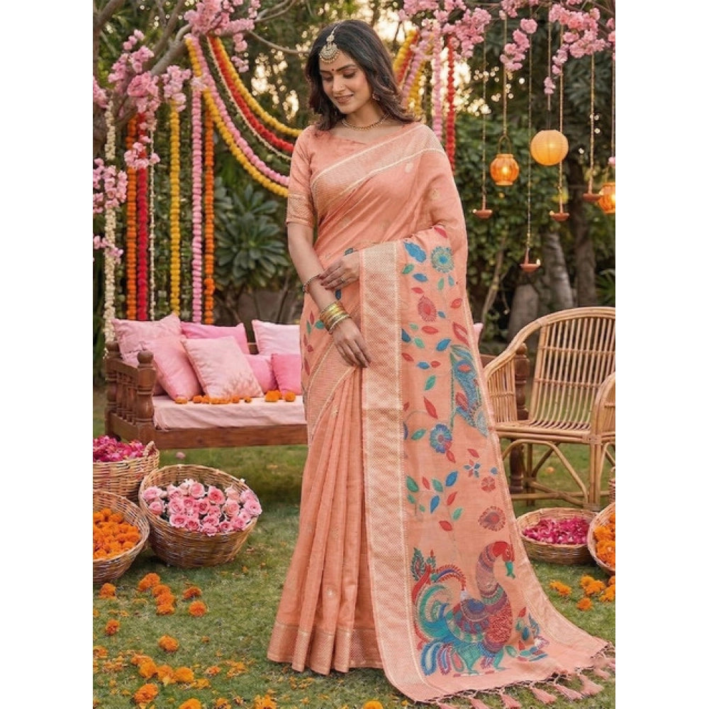 Women's Linen Cotton Floral Embroidered Saree With Unstitched Blouse 5.5 Mtr (Peach)