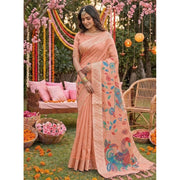 Women's Linen Cotton Floral Embroidered Saree With Unstitched Blouse 5.5 Mtr (Peach)