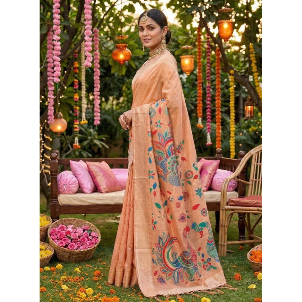 Women's Linen Cotton Floral Embroidered Saree With Unstitched Blouse 5.5 Mtr (Peach)