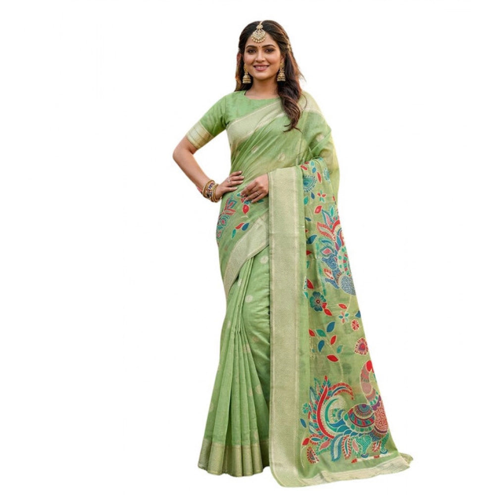 Women's Linen Cotton Floral Embroidered Saree With Unstitched Blouse 5.5 Mtr (Light Green)