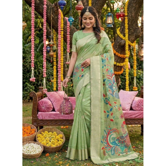 Women's Linen Cotton Floral Embroidered Saree With Unstitched Blouse 5.5m (Light Green)