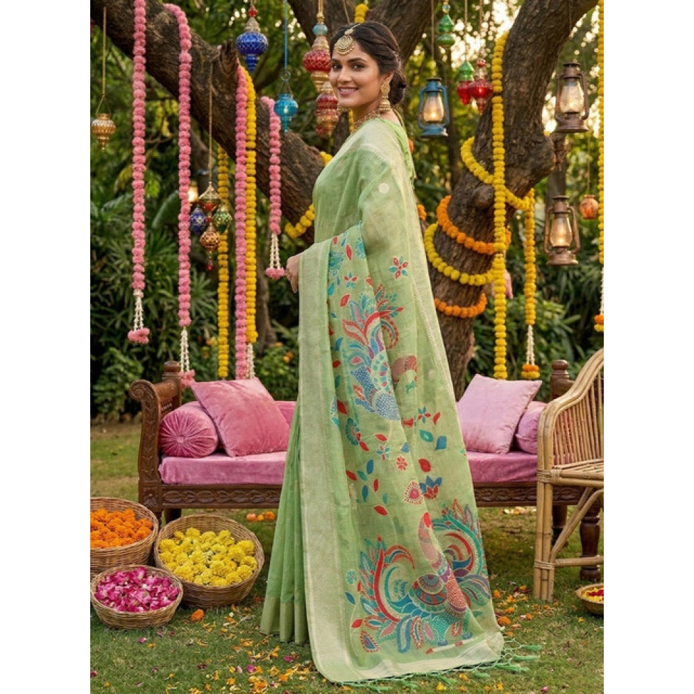 Women's Linen Cotton Floral Embroidered Saree With Unstitched Blouse 5.5 Mtr (Light Green)