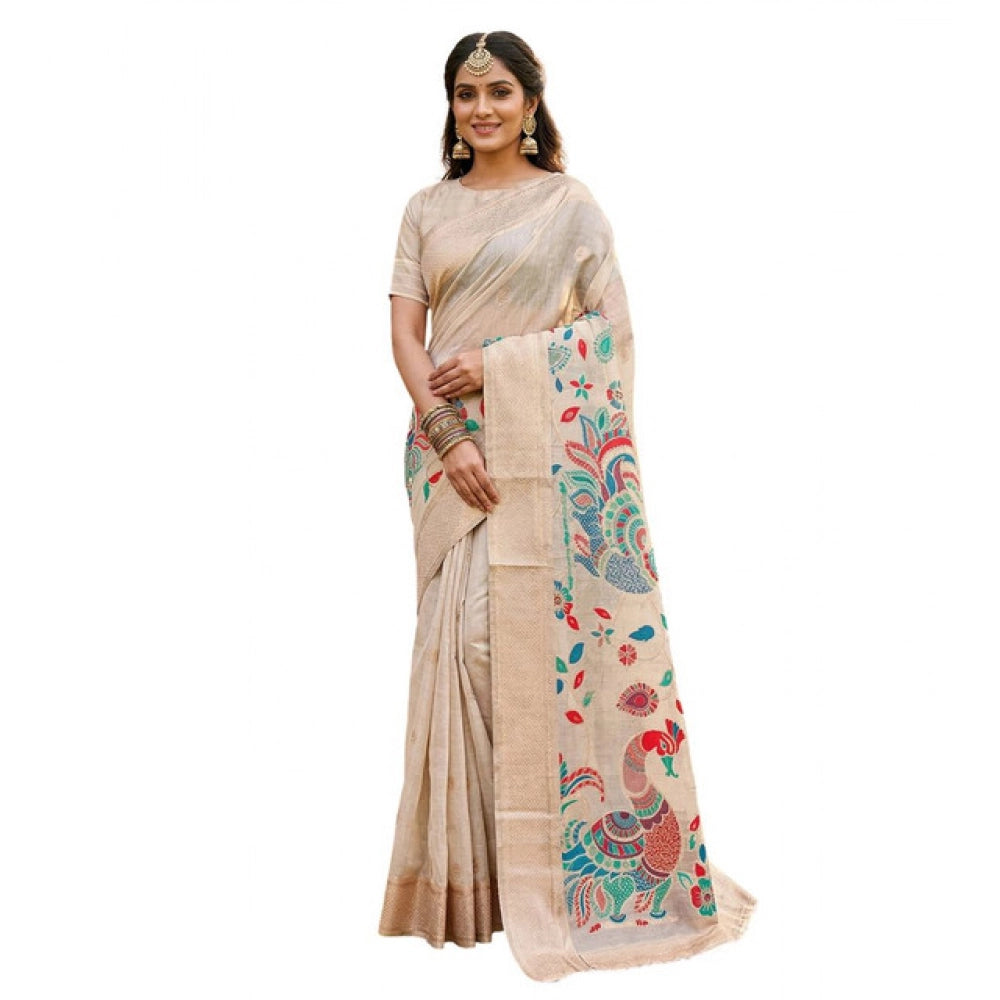 Women's Linen Cotton Floral Embroidered Saree With Unstitched Blouse 5.5 Mtr (Cream)