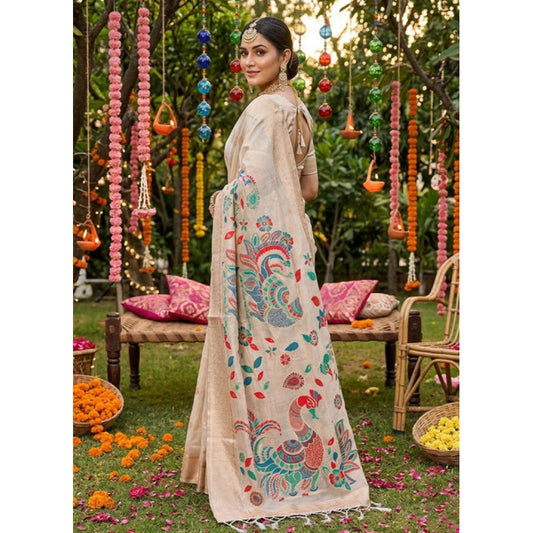 Women's Linen Cotton Floral Embroidered Saree With Unstitched Blouse 5.5m (Cream)